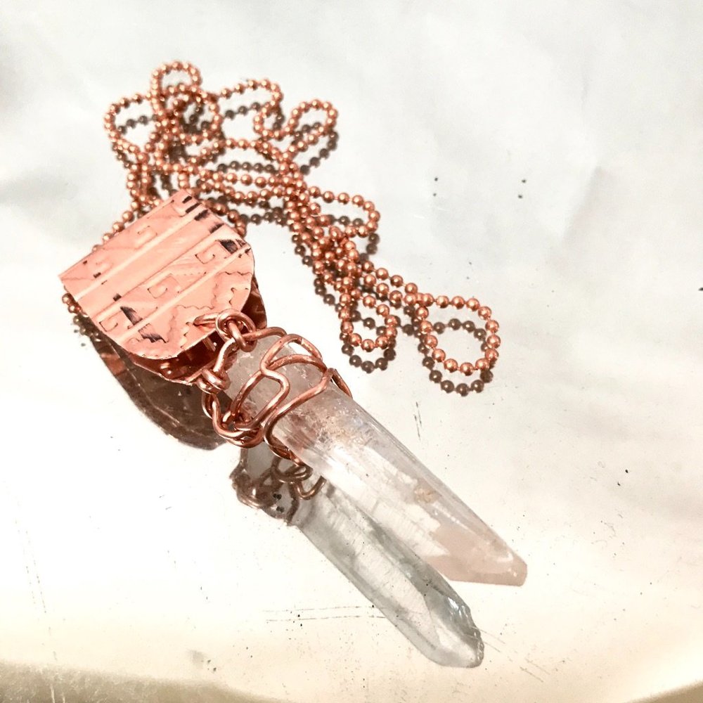 Lemurian Quartz Crystal Copper Choker Pendant Handmade Rustic Wire Wrapped - Picture 9 of 16